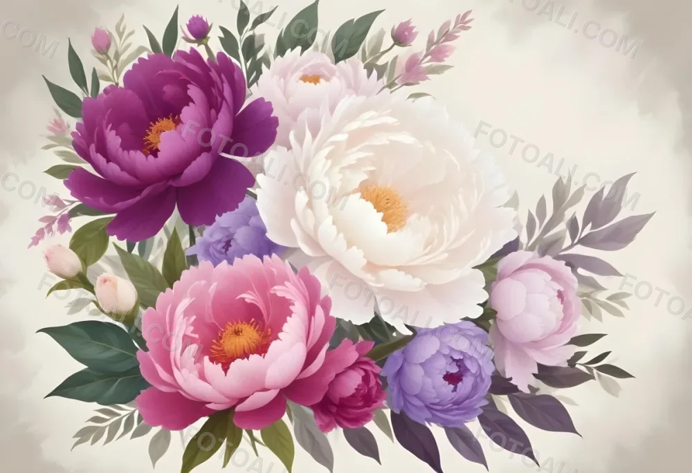 Digital Painting A Bouquet Of Vibrant Pink And Purple Flowers Including Large Peonies Surrounded By Lush Green Leaves And Delicate Floral Accents The Background Is A Soft Neutral Tone Allowing The Colorful Fl 73 A759