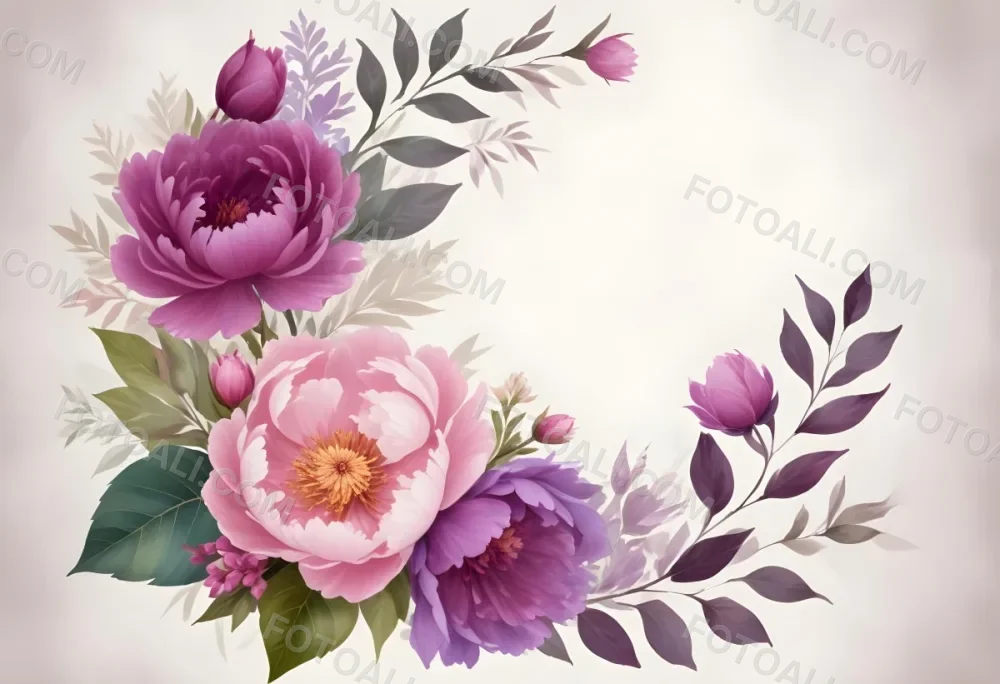 Digital Painting A Bouquet Of Vibrant Pink And Purple Flowers Including Large Peonies Surrounded By Lush Green Leaves And Delicate Floral Accents The Background Is A Soft Neutral Tone Allowing The Colorful Fl 76 Edcf