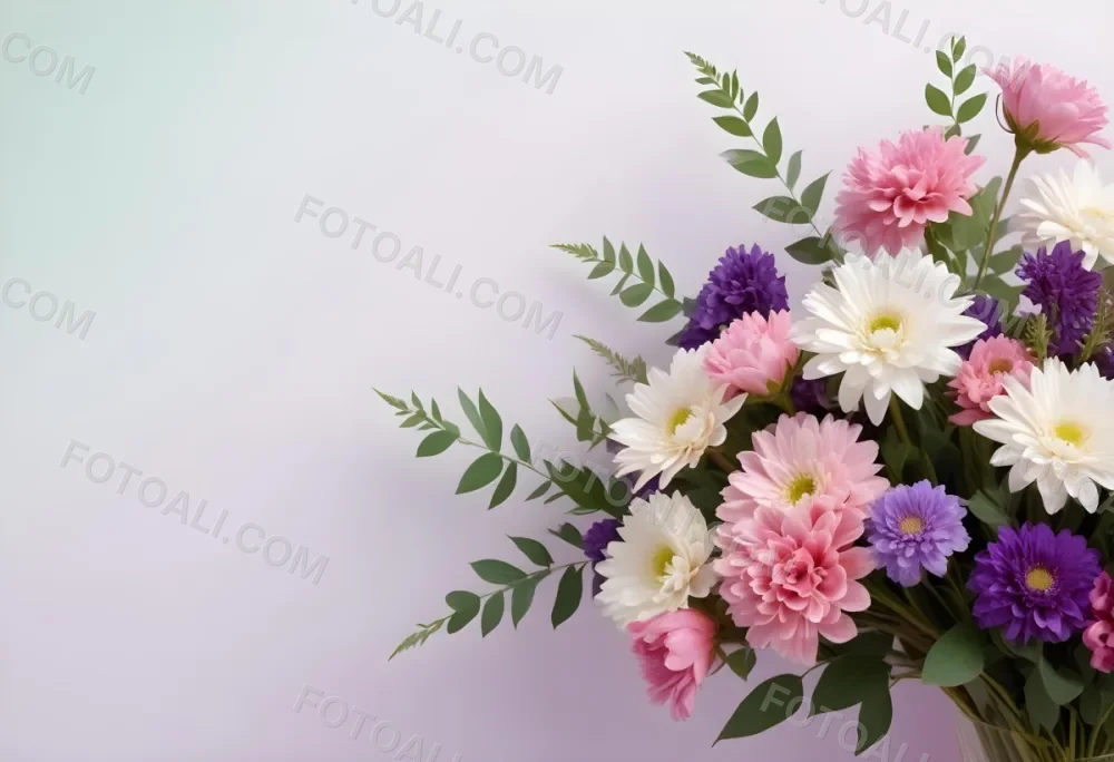 Digital Painting A Bouquet Of Vibrant Pink And Purple Flowers Including Large Peonies Surrounded By Lush Green Leaves And Delicate Floral Accents The Background Is A Soft Neutral Tone Allowing The Colorful Fl 78 728b