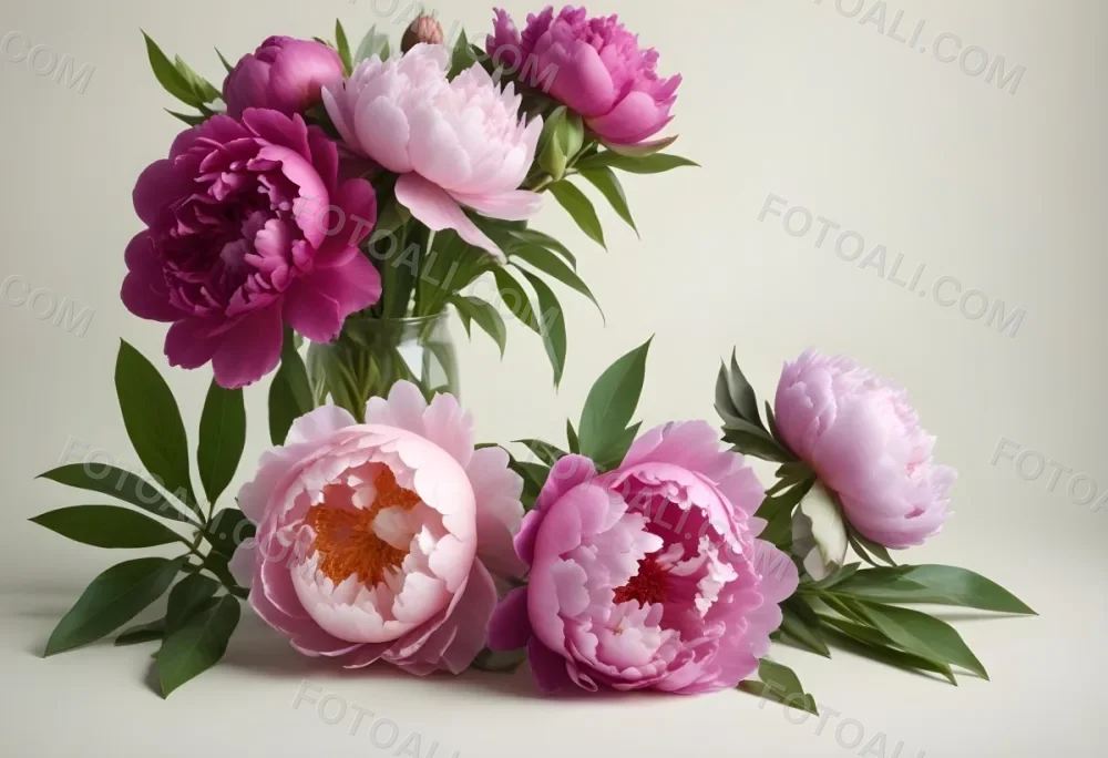 Digital Painting A Bouquet Of Vibrant Pink And Purple Flowers Including Large Peonies Surrounded By Lush Green Leaves And Delicate Floral Accents The Background Is A Soft Neutral Tone Allowing The Colorful Fl 8 0032