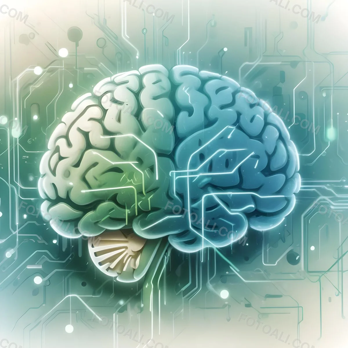 Digital Painting A Brain With The Left Hemisphere In White And Green And The Right Hemisphere In Green On A Circuit Board With A Smartphone Bold And Slim Lines Brush Strokes 10 49a5