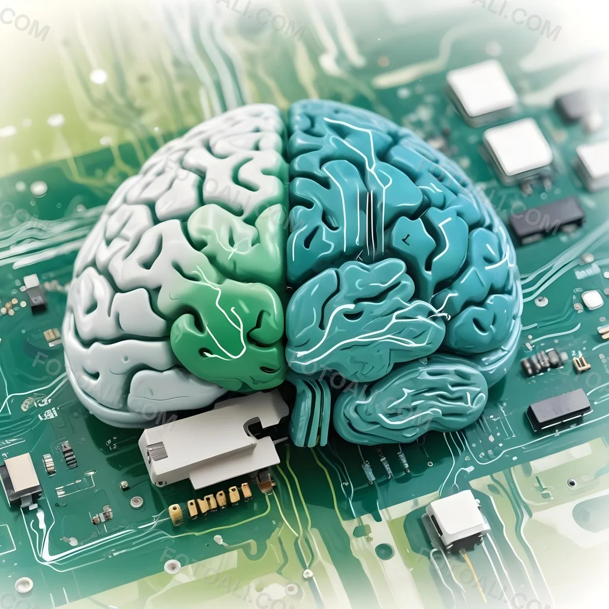 Digital Painting A Brain With The Left Hemisphere In White And Green And The Right Hemisphere In Green On A Circuit Board With A Smartphone Bold And Slim Lines Brush Strokes 18 0679
