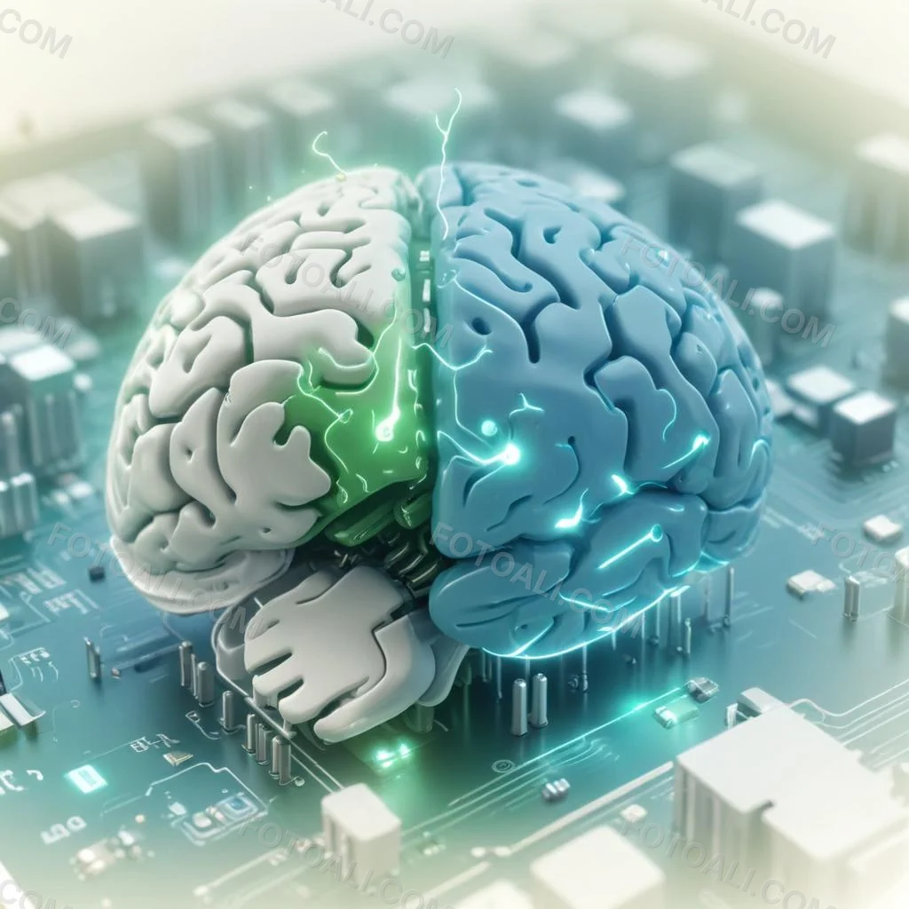 Digital Painting A Brain With The Left Hemisphere In White And Green And The Right Hemisphere In Green On A Circuit Board With A Smartphone Bold And Slim Lines Brush Strokes 21 8ad1