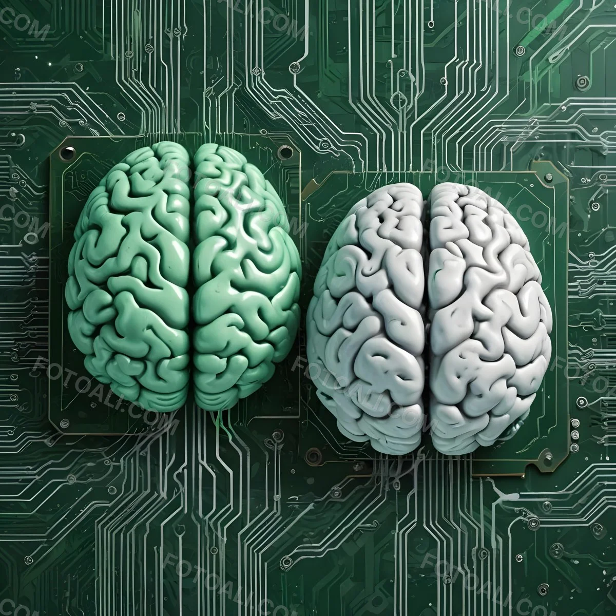 Digital Painting A Brain With The Left Hemisphere In White And Green And The Right Hemisphere In Green On A Circuit Board With A Smartphone Bold And Slim Lines Brush Strokes 28 9164
