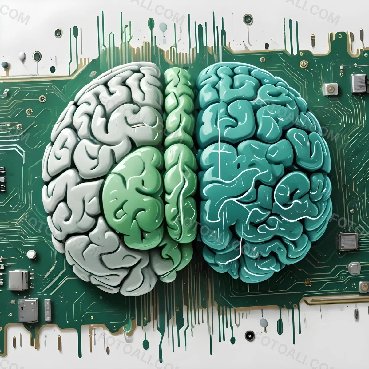 Digital Painting A Brain With The Left Hemisphere In White And Green And The Right Hemisphere In Green On A Circuit Board With A Smartphone Bold And Slim Lines Brush Strokes 42 3c7c