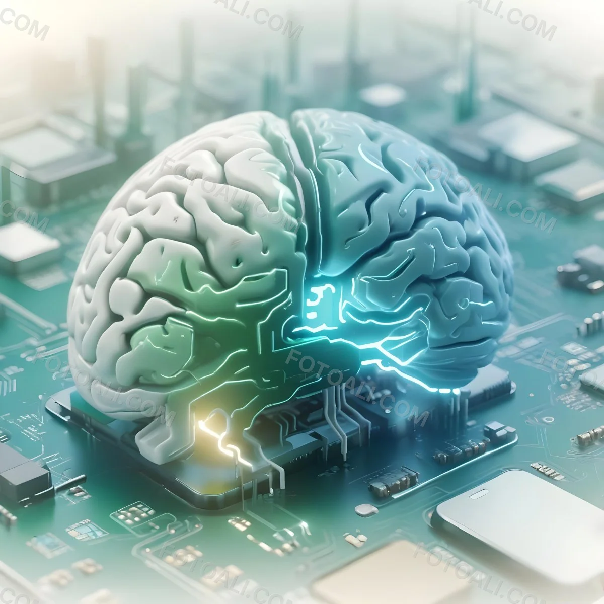 Digital Painting A Brain With The Left Hemisphere In White And Green And The Right Hemisphere In Green On A Circuit Board With A Smartphone Bold And Slim Lines Brush Strokes 43 D8ba