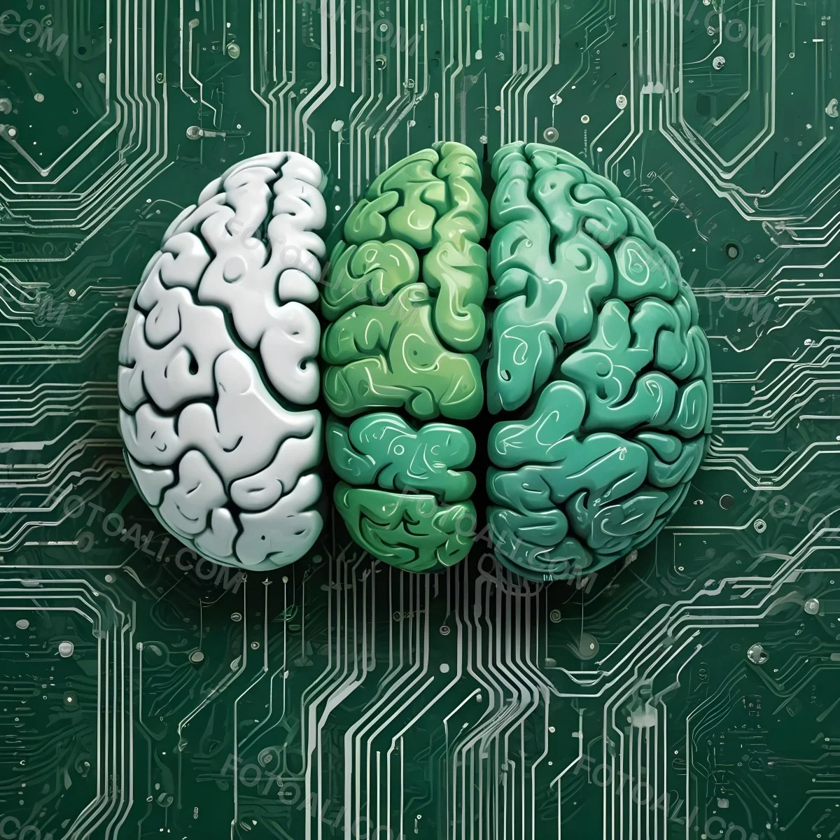 Digital Painting A Brain With The Left Hemisphere In White And Green And The Right Hemisphere In Green On A Circuit Board With A Smartphone Bold And Slim Lines Brush Strokes 44 0376