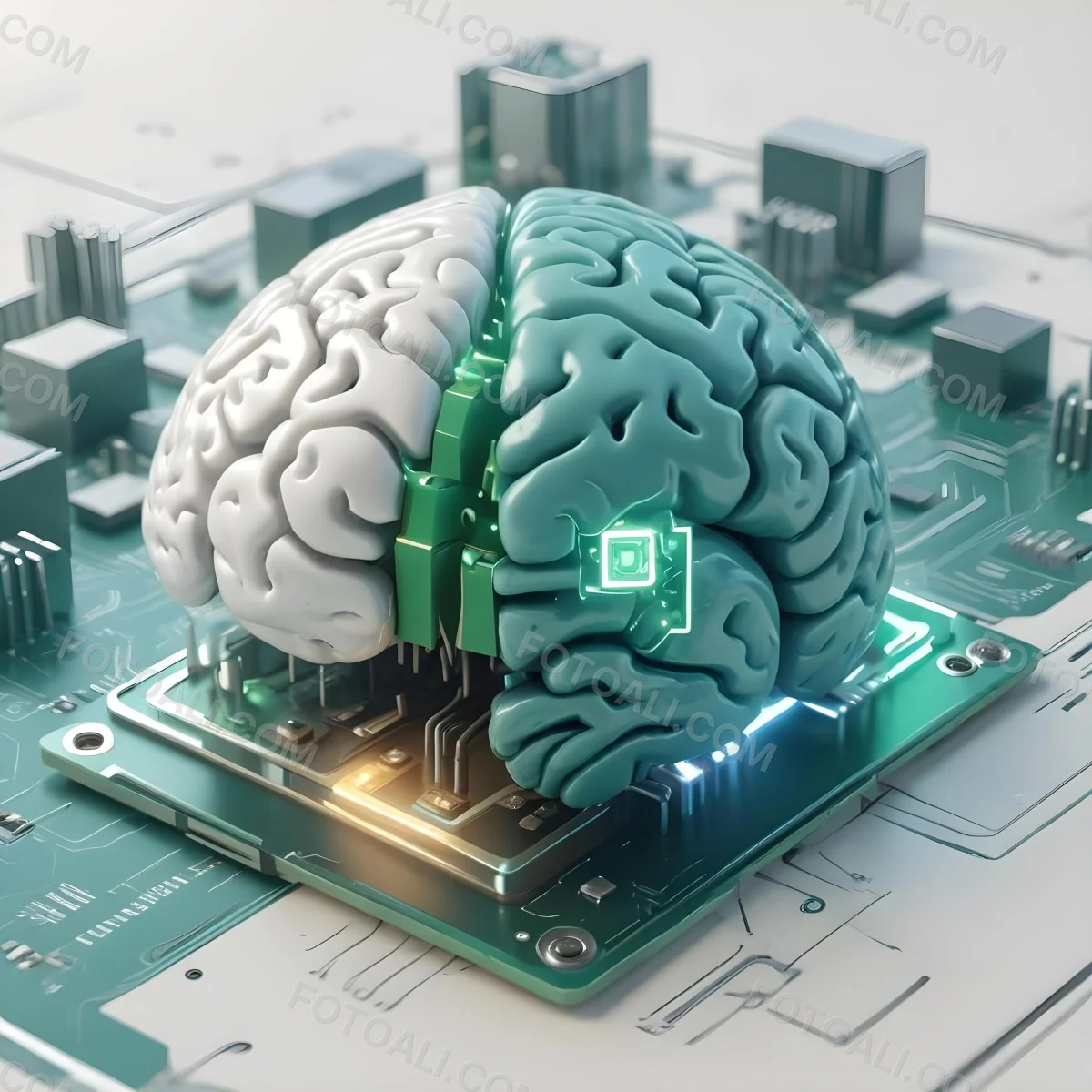 Digital Painting A Brain With The Left Hemisphere In White And Green And The Right Hemisphere In Green On A Circuit Board With A Smartphone Bold And Slim Lines Brush Strokes 48 316a