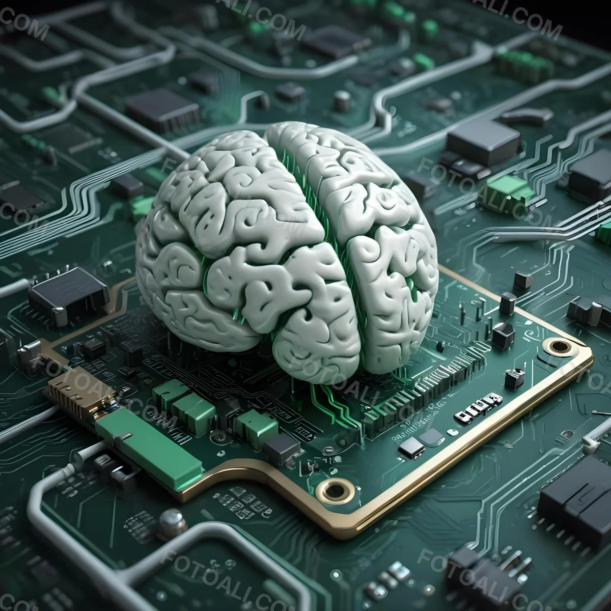 Digital Painting A Brain With The Left Hemisphere In White And Green And The Right Hemisphere In Green On A Circuit Board With A Smartphone Bold And Slim Lines Brush Strokes 6 D0af