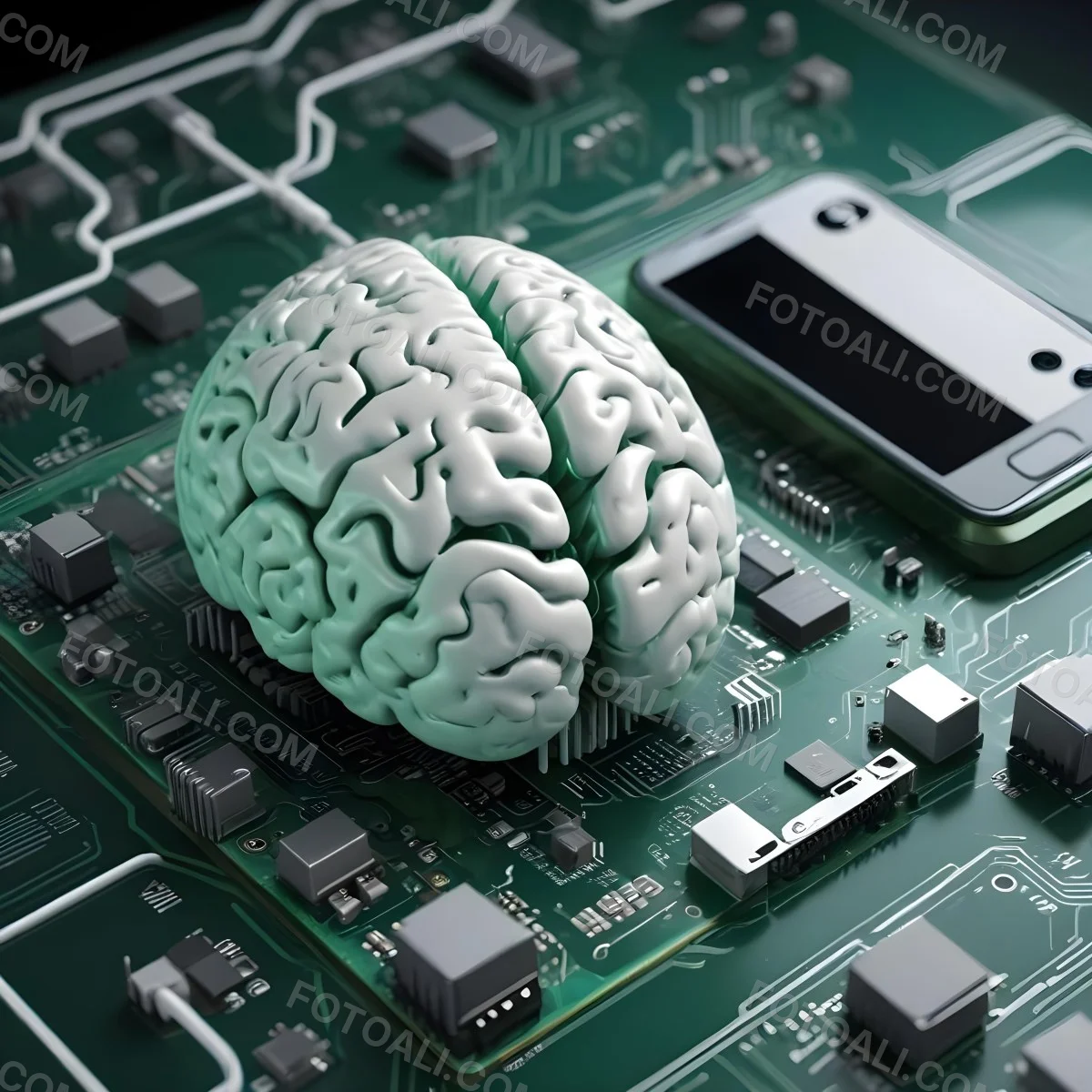 Digital Painting A Brain With The Left Hemisphere In White And Green And The Right Hemisphere In Green On A Circuit Board With A Smartphone Bold And Slim Lines Brush Strokes 7 8be2