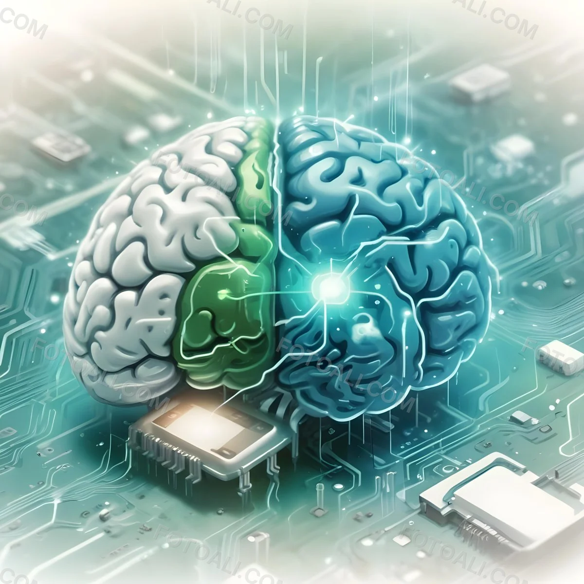 Digital Painting A Brain With The Left Hemisphere In White And Green And The Right Hemisphere In Green On A Circuit Board With A Smartphone Bold And Slim Lines Brush Strokes 8 F1b7