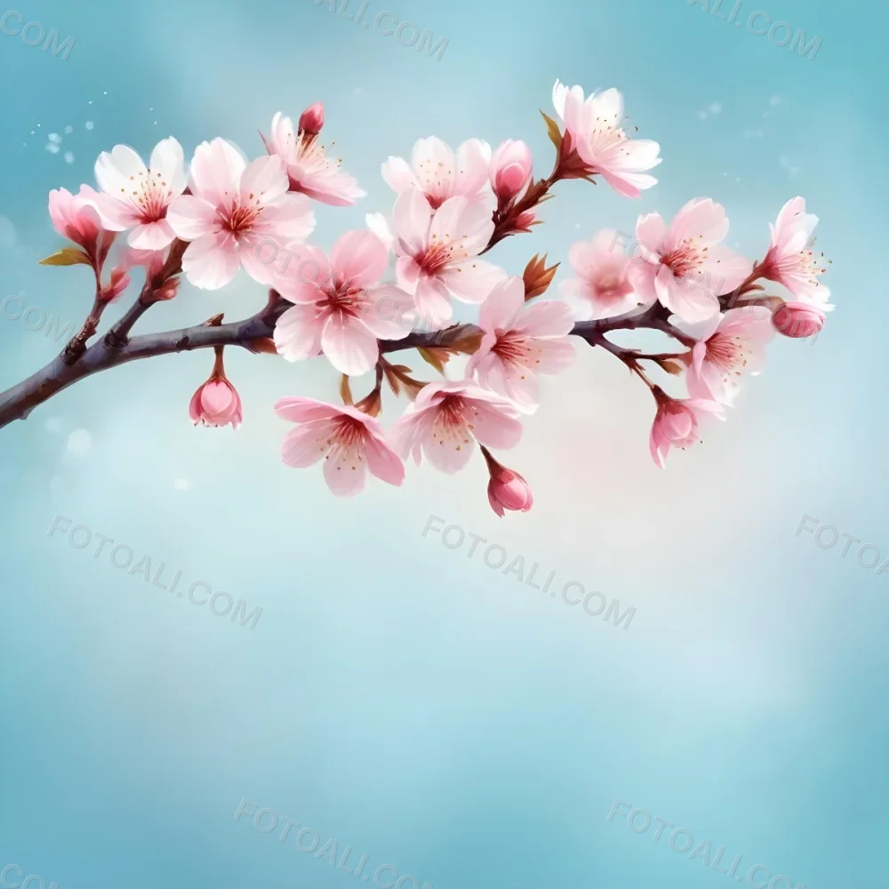 Digital Painting A Branch With Pink Cherry Blossoms On A Light Blue Background With Bokeh Effect Soft Pastel Colors Elegant And Romantic Spring Season Floral Design Bold And Slim Lines Brush Strokes 1 1d3f