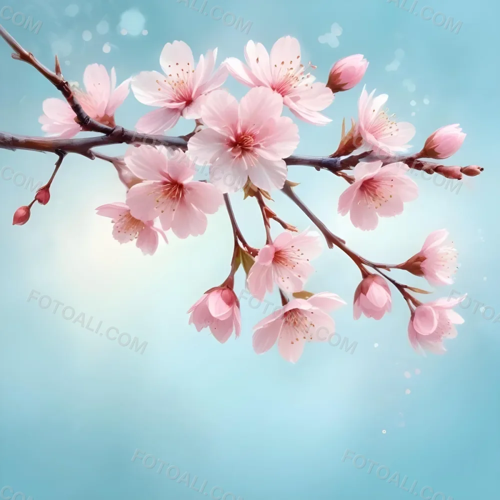 Digital Painting A Branch With Pink Cherry Blossoms On A Light Blue Background With Bokeh Effect Soft Pastel Colors Elegant And Romantic Spring Season Floral Design Bold And Slim Lines Brush Strokes 10 Bfff