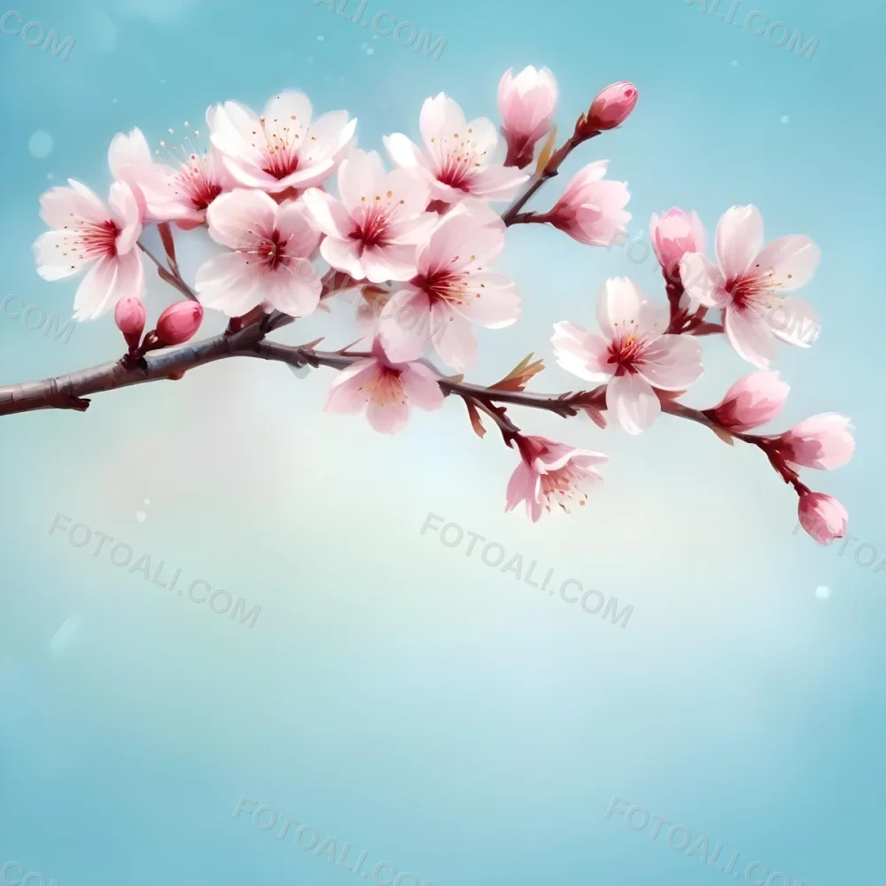 Digital Painting A Branch With Pink Cherry Blossoms On A Light Blue Background With Bokeh Effect Soft Pastel Colors Elegant And Romantic Spring Season Floral Design Bold And Slim Lines Brush Strokes 11 Db9b