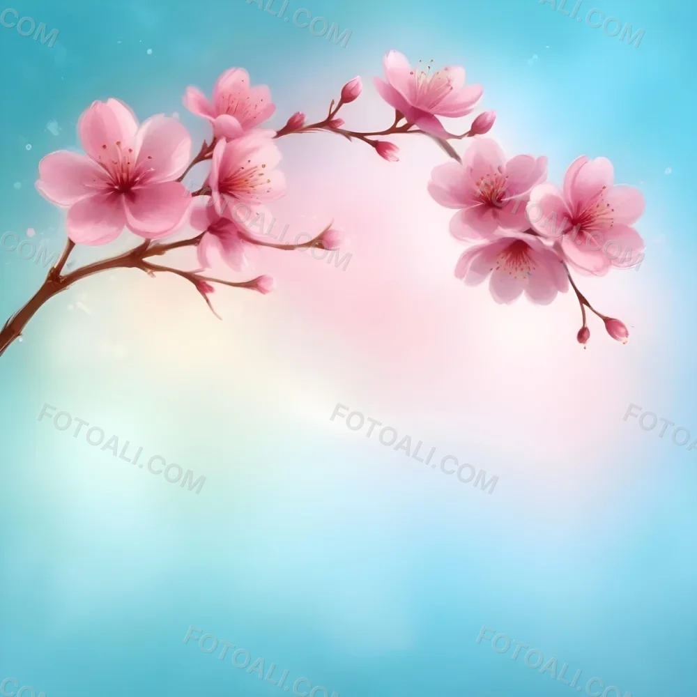 Digital Painting A Branch With Pink Cherry Blossoms On A Light Blue Background With Bokeh Effect Soft Pastel Colors Elegant And Romantic Spring Season Floral Design Bold And Slim Lines Brush Strokes 24 08ee