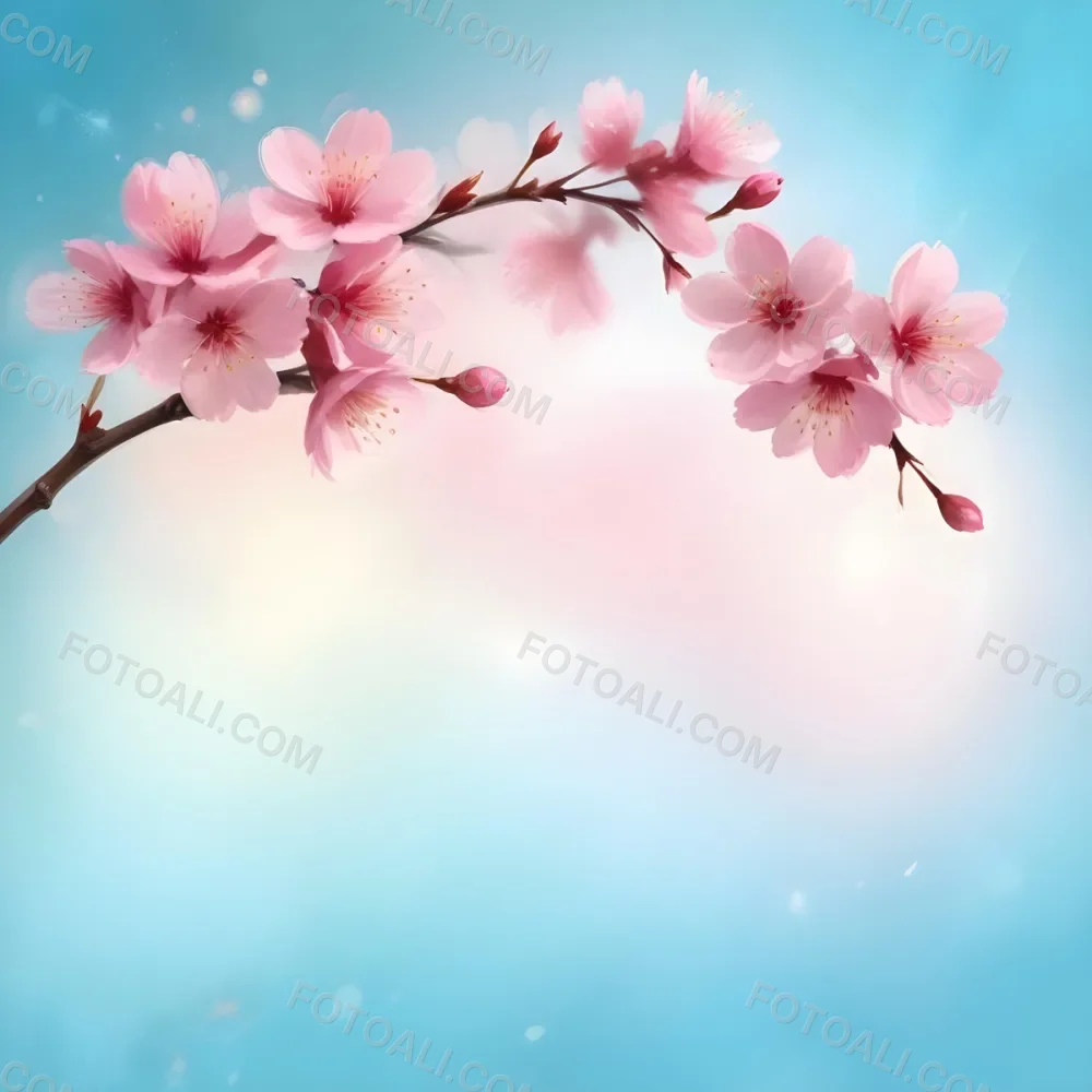 Digital Painting A Branch With Pink Cherry Blossoms On A Light Blue Background With Bokeh Effect Soft Pastel Colors Elegant And Romantic Spring Season Floral Design Bold And Slim Lines Brush Strokes 26 Bb63