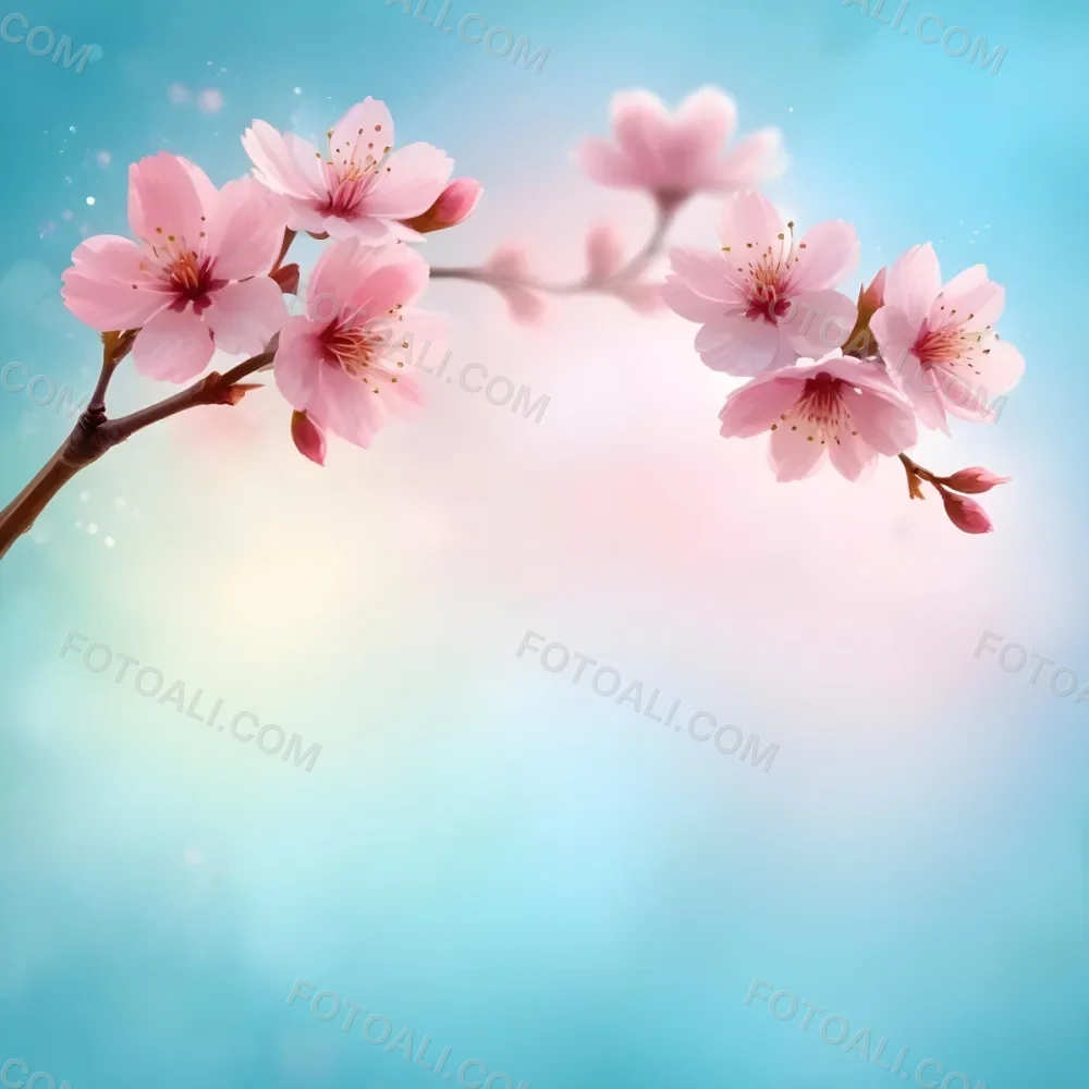 Digital Painting A Branch With Pink Cherry Blossoms On A Light Blue Background With Bokeh Effect Soft Pastel Colors Elegant And Romantic Spring Season Floral Design Bold And Slim Lines Brush Strokes 27 Fb12