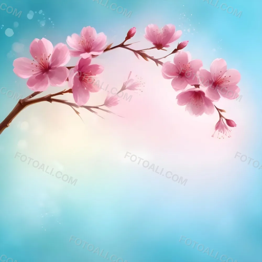 Digital Painting A Branch With Pink Cherry Blossoms On A Light Blue Background With Bokeh Effect Soft Pastel Colors Elegant And Romantic Spring Season Floral Design Bold And Slim Lines Brush Strokes 28 A0b1