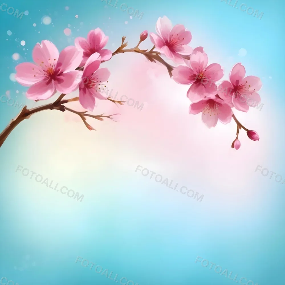 Digital Painting A Branch With Pink Cherry Blossoms On A Light Blue Background With Bokeh Effect Soft Pastel Colors Elegant And Romantic Spring Season Floral Design Bold And Slim Lines Brush Strokes 29 Ae14