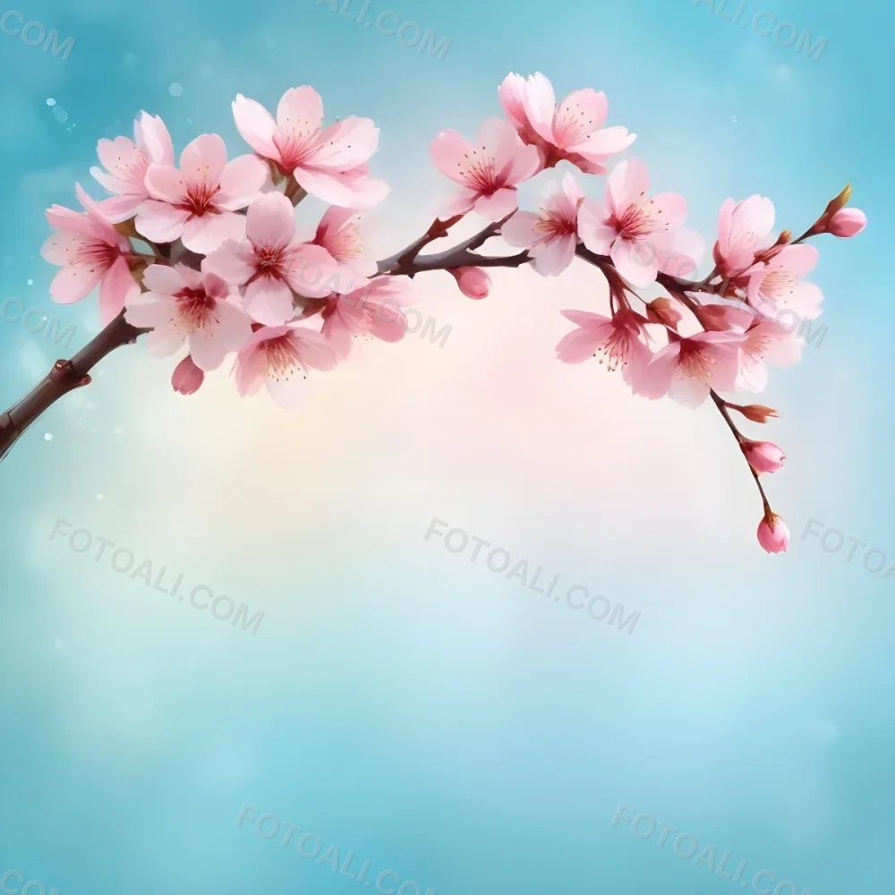 Digital Painting A Branch With Pink Cherry Blossoms On A Light Blue Background With Bokeh Effect Soft Pastel Colors Elegant And Romantic Spring Season Floral Design Bold And Slim Lines Brush Strokes 3 8429