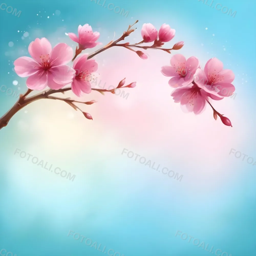 Digital Painting A Branch With Pink Cherry Blossoms On A Light Blue Background With Bokeh Effect Soft Pastel Colors Elegant And Romantic Spring Season Floral Design Bold And Slim Lines Brush Strokes 31 5c9d