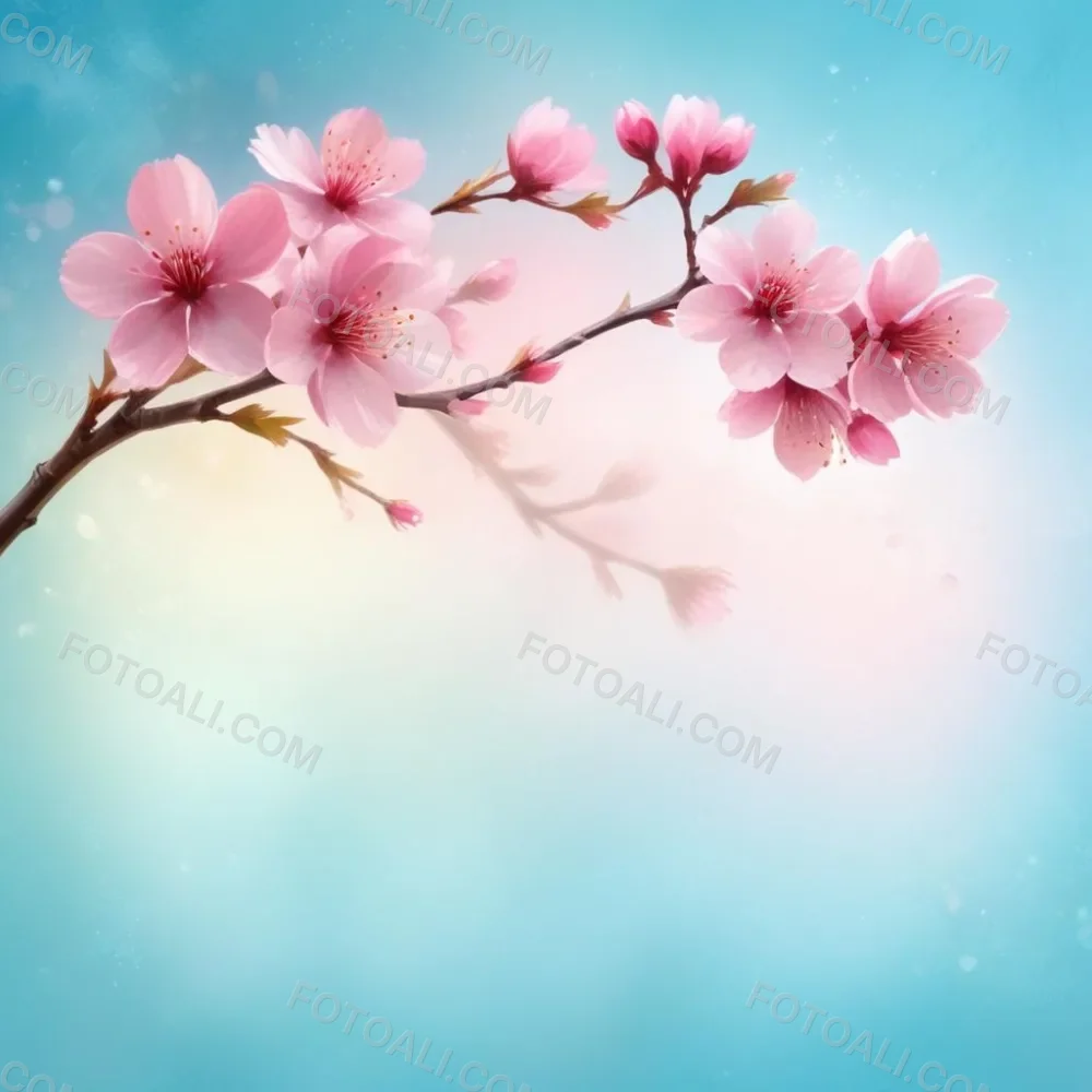 Digital Painting A Branch With Pink Cherry Blossoms On A Light Blue Background With Bokeh Effect Soft Pastel Colors Elegant And Romantic Spring Season Floral Design Bold And Slim Lines Brush Strokes 5 66dd