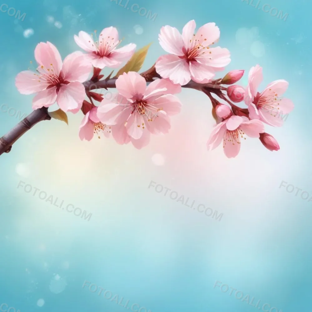 Digital Painting A Branch With Pink Cherry Blossoms On A Light Blue Background With Bokeh Effect Soft Pastel Colors Elegant And Romantic Spring Season Floral Design Bold And Slim Lines Brush Strokes 8 Dfe7