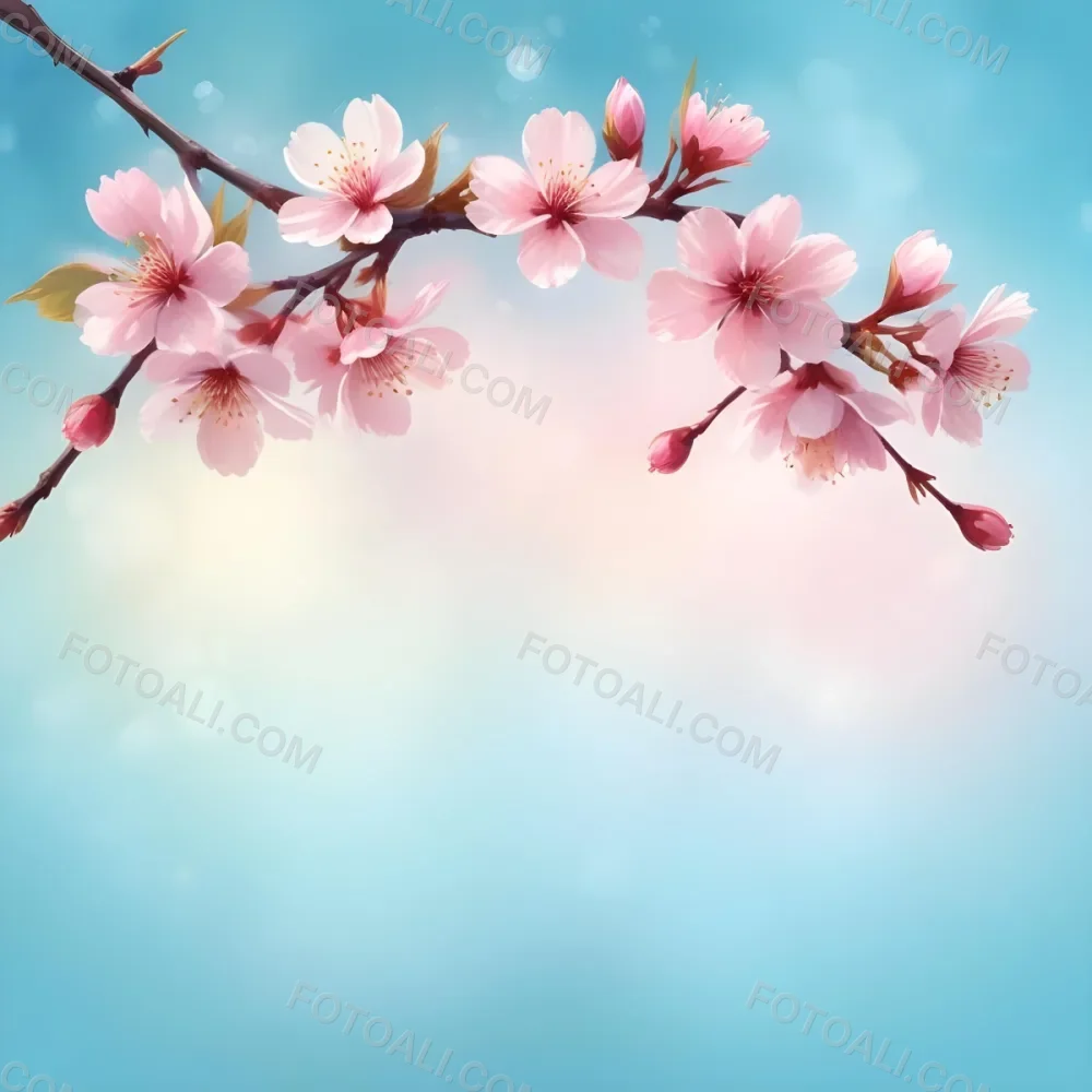 Digital Painting A Branch With Pink Cherry Blossoms On A Light Blue Background With Bokeh Effect Soft Pastel Colors Elegant And Romantic Spring Season Floral Design Bold And Slim Lines Brush Strokes 9 D1e9