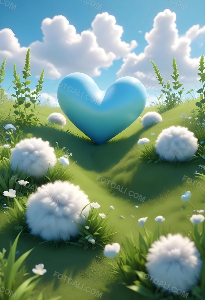 Digital Painting A Bright Blue Sky With Fluffy White Clouds And A Soft Gradient Background The Lower Part Features A Grassy Field With Small Green Heart Shaped Plants Scattered Throughout Creating A Whimsical And Cheer 19 2abc