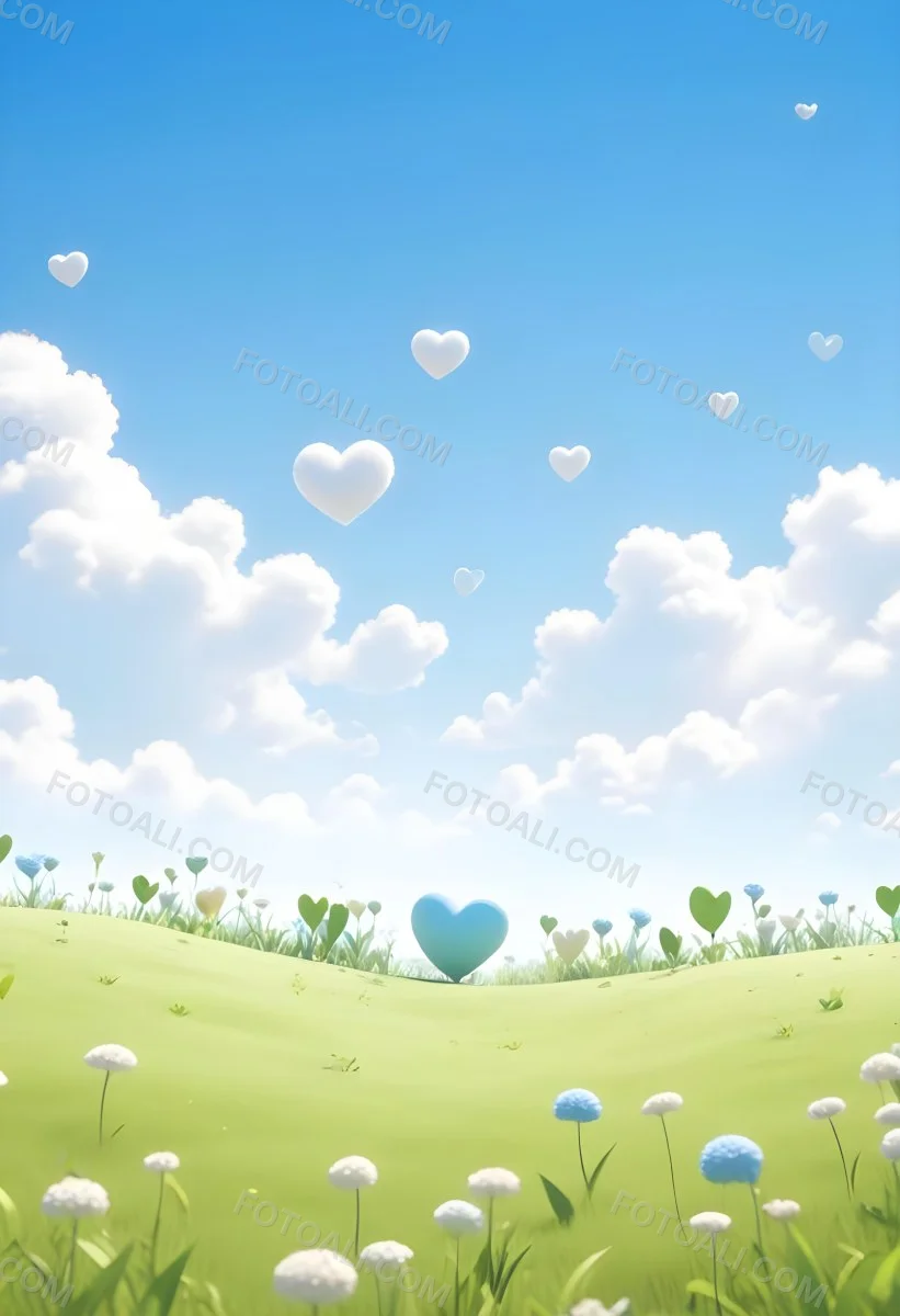 Digital Painting A Bright Blue Sky With Fluffy White Clouds And A Soft Gradient Background The Lower Part Features A Grassy Field With Small Green Heart Shaped Plants Scattered Throughout Creating A Whimsical And Cheer 27 42cb