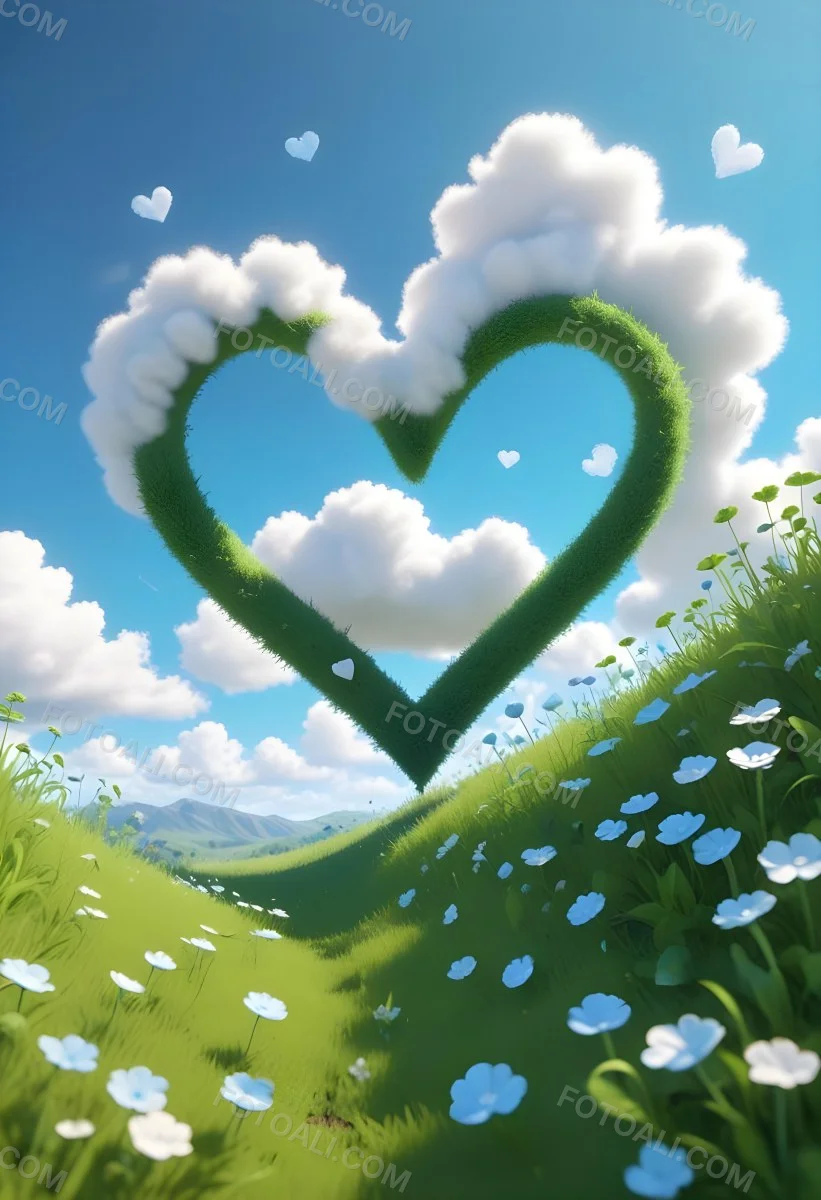 Digital Painting A Bright Blue Sky With Fluffy White Clouds And A Soft Gradient Background The Lower Part Features A Grassy Field With Small Green Heart Shaped Plants Scattered Throughout Creating A Whimsical And Cheer 31 8d2c