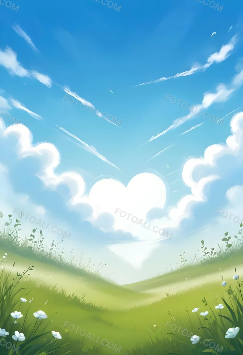 Digital Painting A Bright Blue Sky With Fluffy White Clouds And A Soft Gradient Background The Lower Part Features A Grassy Field With Small Green Heart Shaped Plants Scattered Throughout Creating A Whimsical And Cheer 35 29e2