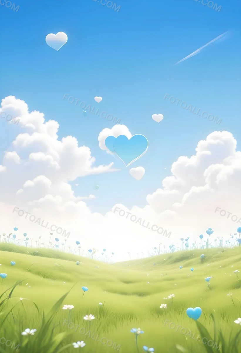 Digital Painting A Bright Blue Sky With Fluffy White Clouds And A Soft Gradient Background The Lower Part Features A Grassy Field With Small Green Heart Shaped Plants Scattered Throughout Creating A Whimsical And Cheer 40 352b