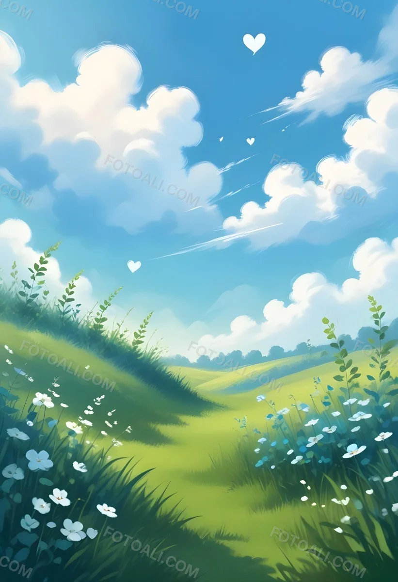Digital Painting A Bright Blue Sky With Fluffy White Clouds And A Soft Gradient Background The Lower Part Features A Grassy Field With Small Green Heart Shaped Plants Scattered Throughout Creating A Whimsical And Cheer 43 7705