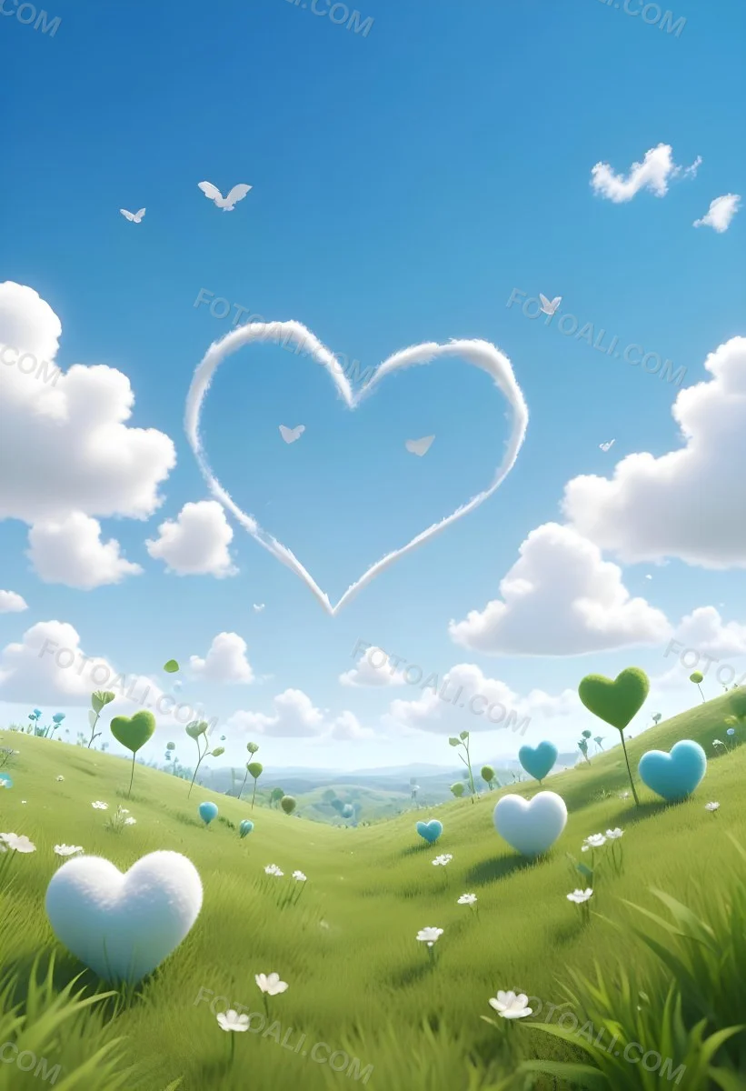 Digital Painting A Bright Blue Sky With Fluffy White Clouds And A Soft Gradient Background The Lower Part Features A Grassy Field With Small Green Heart Shaped Plants Scattered Throughout Creating A Whimsical And Cheer 44 6ec5