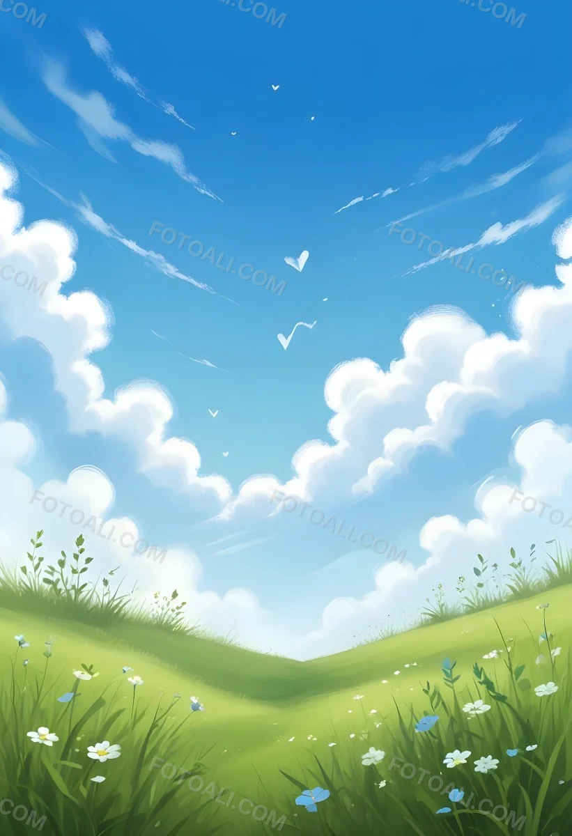 Digital Painting A Bright Blue Sky With Fluffy White Clouds And A Soft Gradient Background The Lower Part Features A Grassy Field With Small Green Heart Shaped Plants Scattered Throughout Creating A Whimsical And Cheer 45 568e