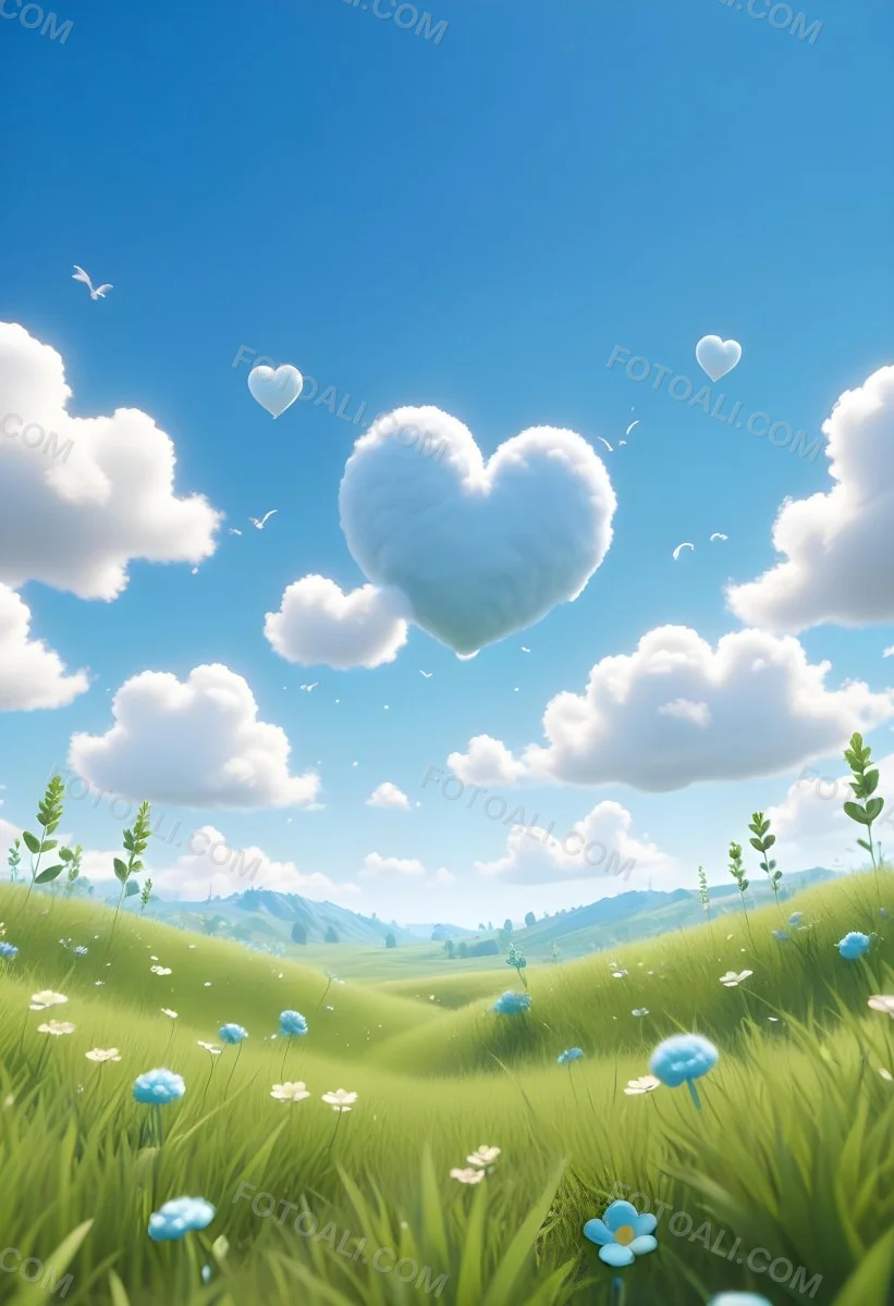 Digital Painting A Bright Blue Sky With Fluffy White Clouds And A Soft Gradient Background The Lower Part Features A Grassy Field With Small Green Heart Shaped Plants Scattered Throughout Creating A Whimsical And Cheer 46 Eb32