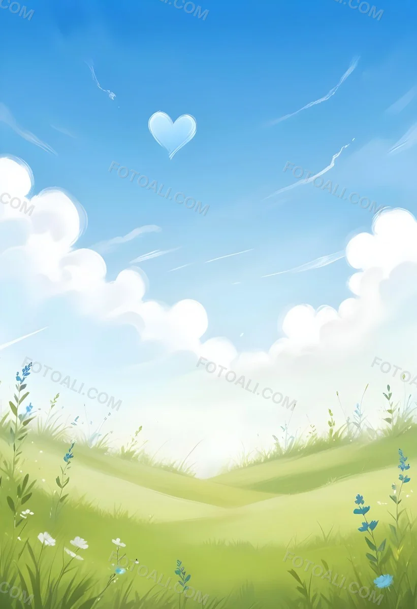 Digital Painting A Bright Blue Sky With Fluffy White Clouds And A Soft Gradient Background The Lower Part Features A Grassy Field With Small Green Heart Shaped Plants Scattered Throughout Creating A Whimsical And Cheer 47 3818