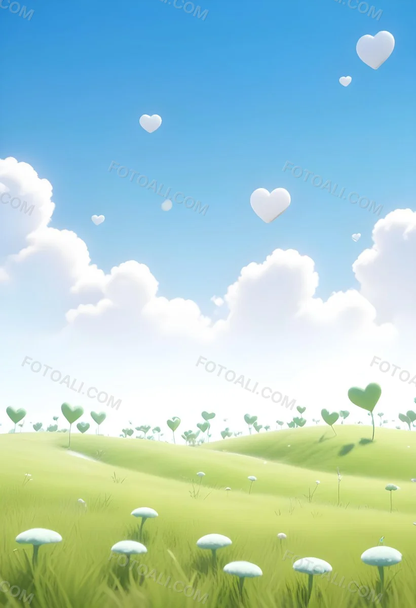 Digital Painting A Bright Blue Sky With Fluffy White Clouds And A Soft Gradient Background The Lower Part Features A Grassy Field With Small Green Heart Shaped Plants Scattered Throughout Creating A Whimsical And Cheer 48 B610