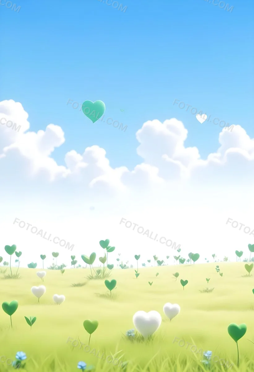 Digital Painting A Bright Blue Sky With Fluffy White Clouds And A Soft Gradient Background The Lower Part Features A Grassy Field With Small Green Heart Shaped Plants Scattered Throughout Creating A Whimsical And Cheer 49 62e2