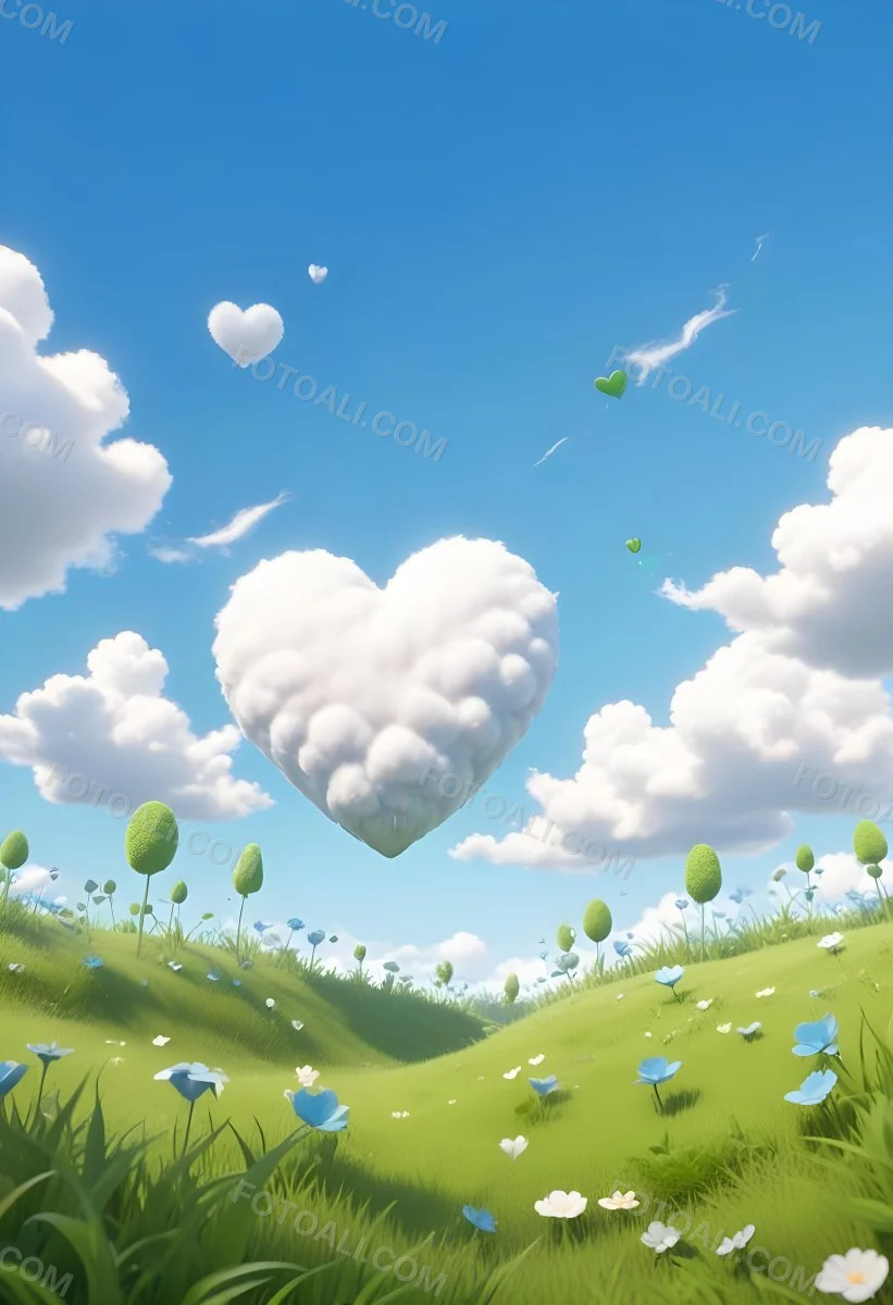 Digital Painting A Bright Blue Sky With Fluffy White Clouds And A Soft Gradient Background The Lower Part Features A Grassy Field With Small Green Heart Shaped Plants Scattered Throughout Creating A Whimsical And Cheer 5 175d