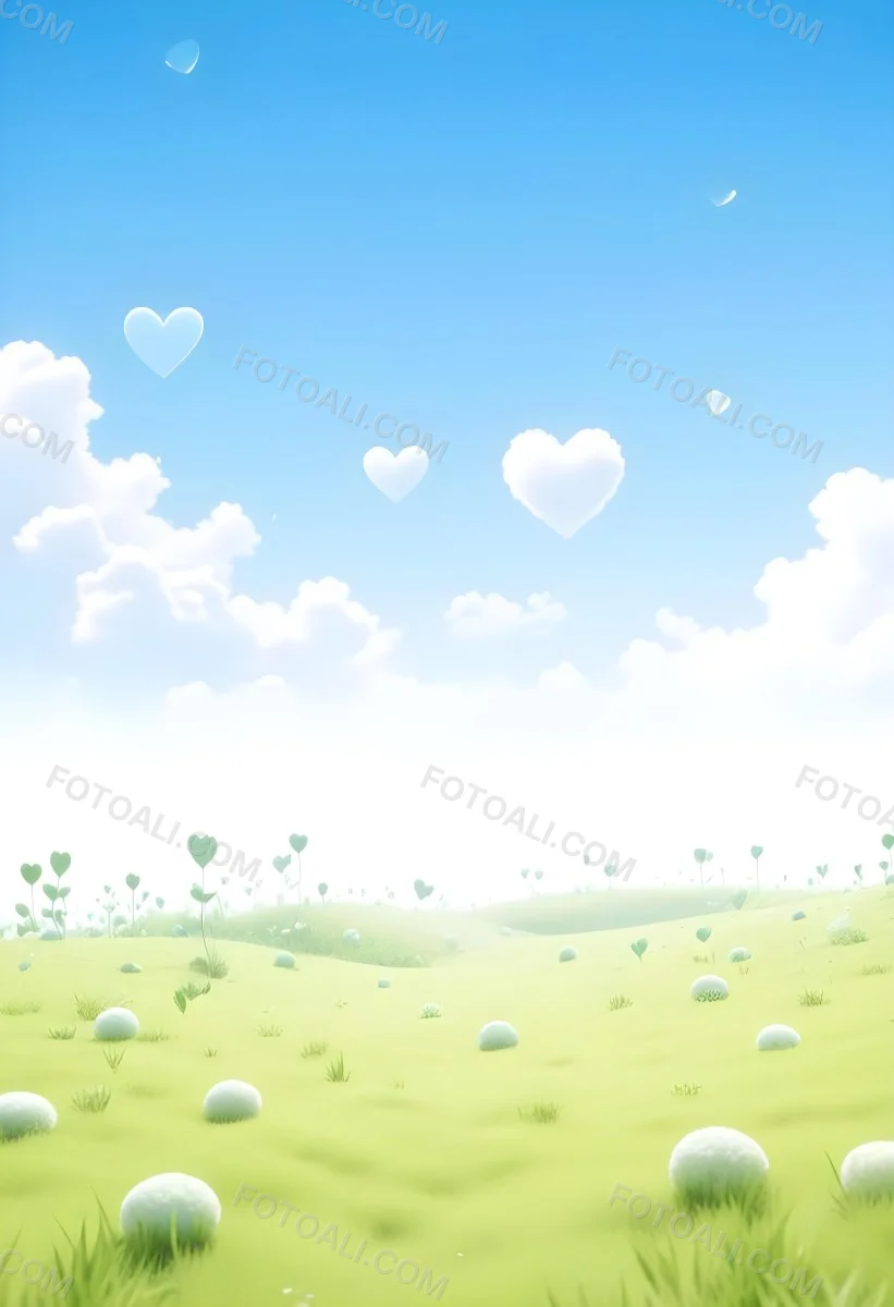 Digital Painting A Bright Blue Sky With Fluffy White Clouds And A Soft Gradient Background The Lower Part Features A Grassy Field With Small Green Heart Shaped Plants Scattered Throughout Creating A Whimsical And Cheer 50 87a9