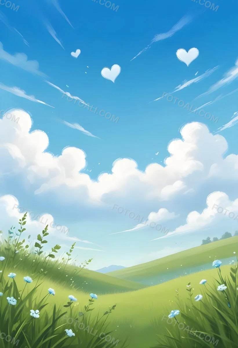 Digital Painting A Bright Blue Sky With Fluffy White Clouds And A Soft Gradient Background The Lower Part Features A Grassy Field With Small Green Heart Shaped Plants Scattered Throughout Creating A Whimsical And Cheer 6 D2af