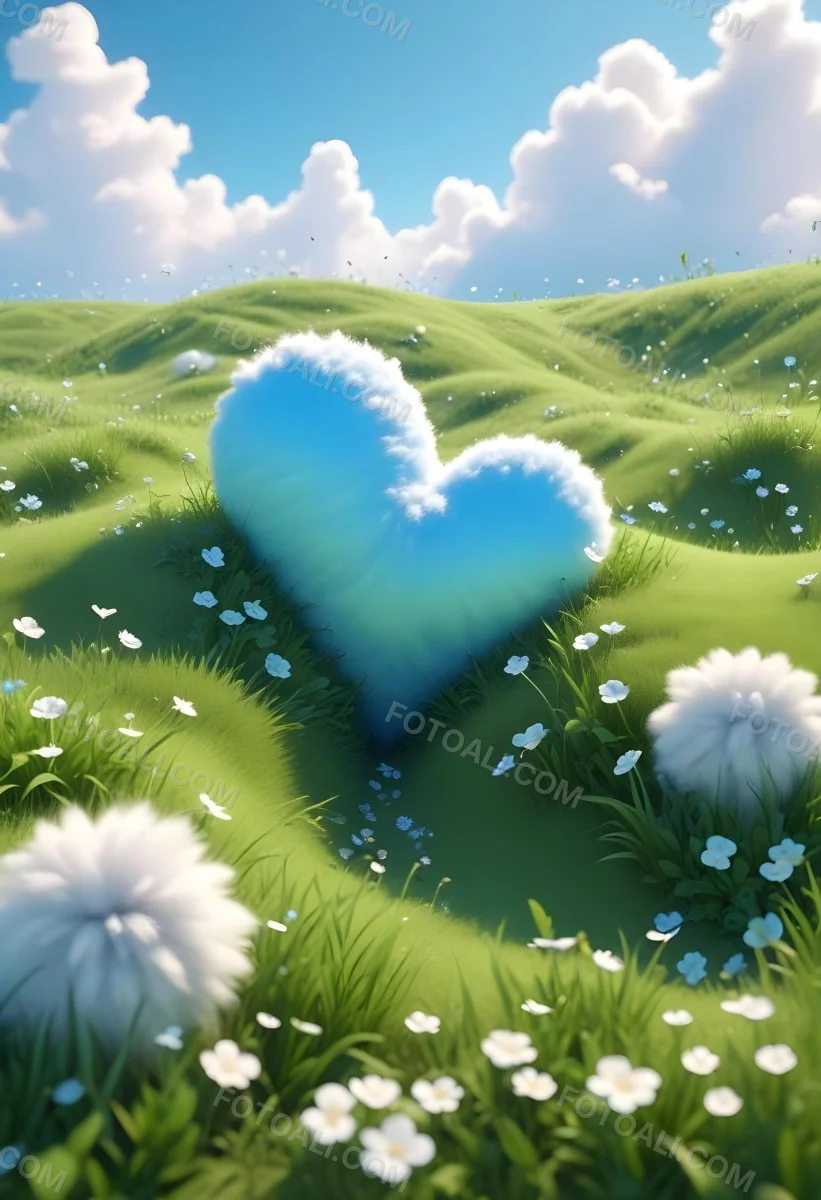 Digital Painting A Bright Blue Sky With Fluffy White Clouds And A Soft Gradient Background The Lower Part Features A Grassy Field With Small Green Heart Shaped Plants Scattered Throughout Creating A Whimsical And Cheer 7 8236