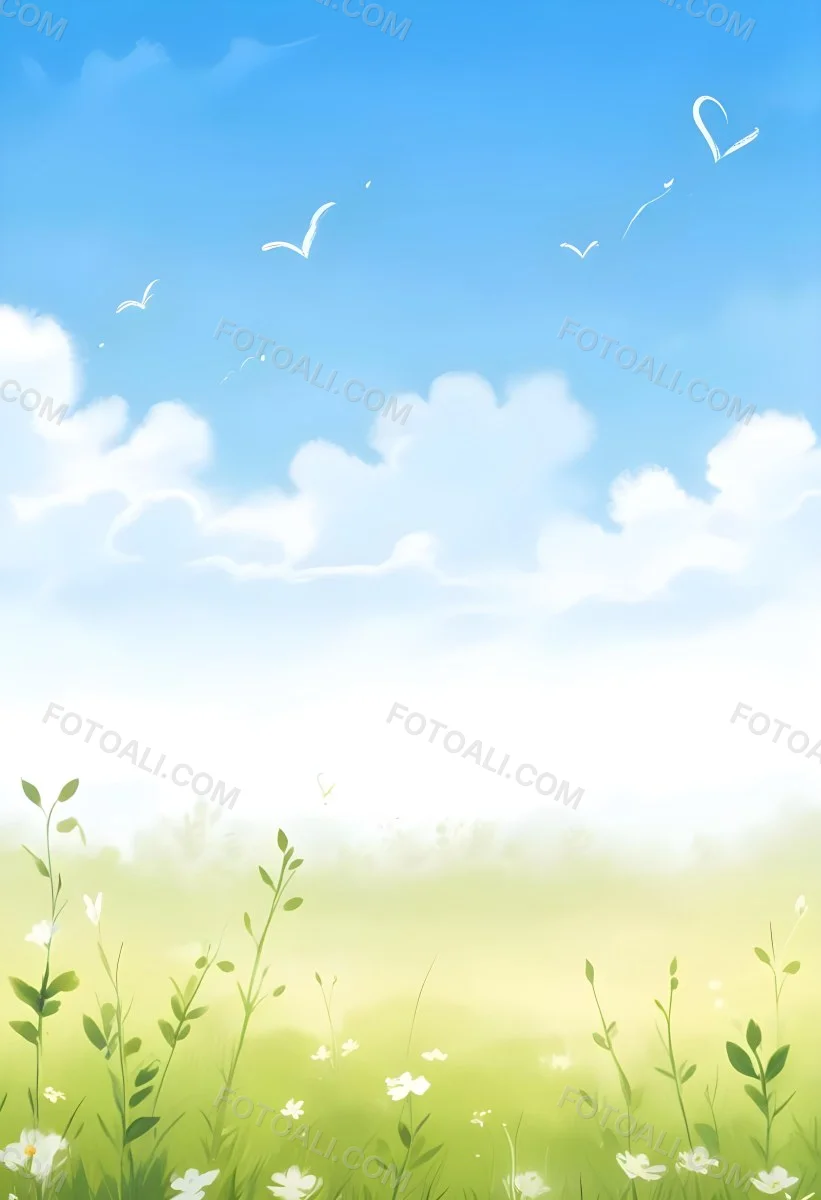 Digital Painting A Bright Blue Sky With Fluffy White Clouds And A Soft Gradient Background The Lower Part Features A Grassy Field With Small Green Heart Shaped Plants Scattered Throughout Creating A Whimsical And Cheer 8 E0ea