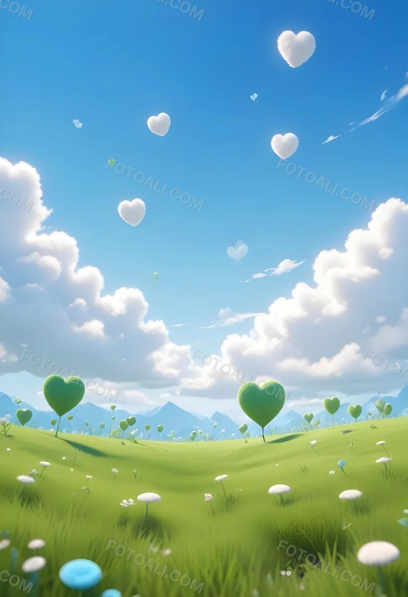 Digital Painting A Bright Blue Sky With Fluffy White Clouds And A Soft Gradient Background The Lower Part Features A Grassy Field With Small Green Heart Shaped Plants Scattered Throughout Creating A Whimsical And Cheer 9 C8f3