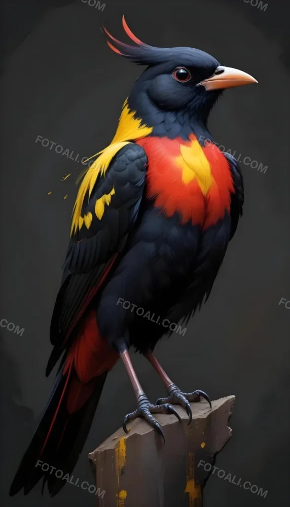 Digital Painting A Brightly Colored Bird With A Striking Combination Of Red Yellow And Black Feathers The Bird Has A Prominent Yellow Head And Chest Yellow Wings And Black Body And Tail It Stands Upright Showcasin 3 70a7