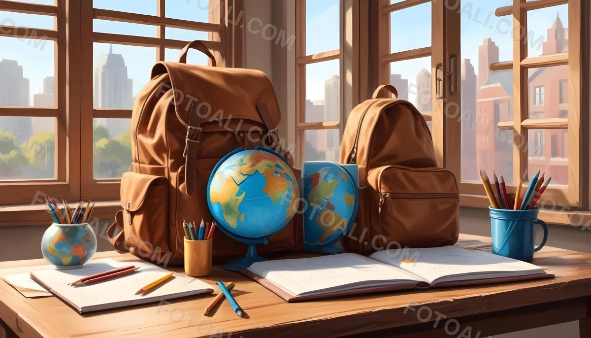 Digital Painting A Brown Backpack An Open Book Colored Pencils A Globe And Other School Supplies Arranged On A Wooden Table In Daylight With A Window View In The Background Bold And Slim Lines Brush Strokes 1 1b27