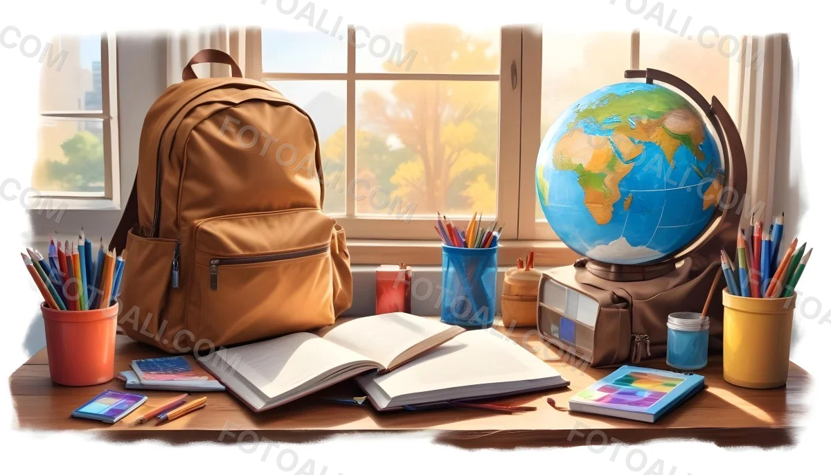 Digital Painting A Brown Backpack An Open Book Colored Pencils A Globe And Other School Supplies Arranged On A Wooden Table In Daylight With A Window View In The Background Bold And Slim Lines Brush Strokes 2 6664