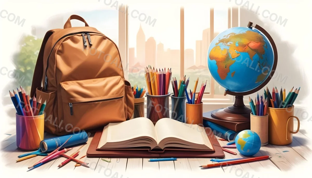 Digital Painting A Brown Backpack An Open Book Colored Pencils A Globe And Other School Supplies Arranged On A Wooden Table In Daylight With A Window View In The Background Bold And Slim Lines Brush Strokes 3 Ec53